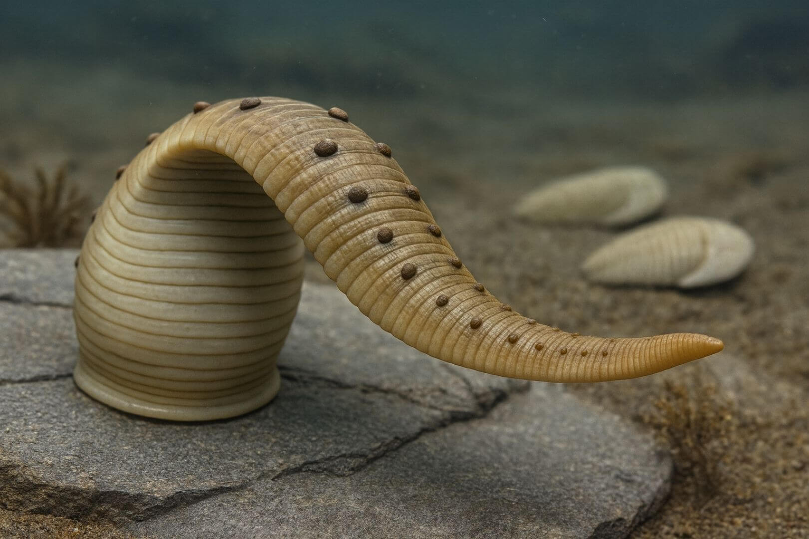 Recreación artística basada en descripciones científicas del fósil Macromyzon siluricus