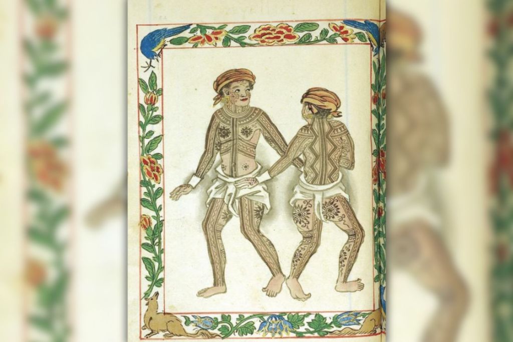 Representación española de los tatuajes patik de los visayanos “pintados” de Filipinas, incluida en el Boxer Codex (c. 1590), uno de los primeros registros europeos de los tatuajes austronesios nativos
