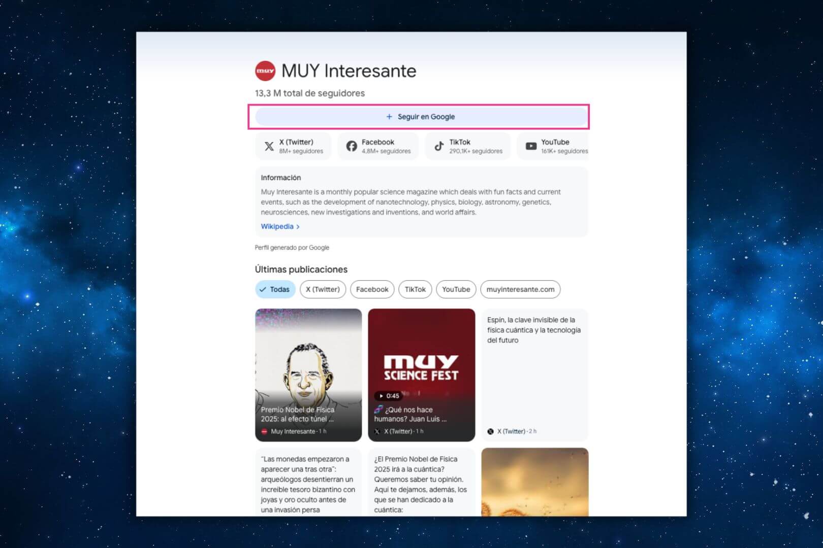 Perfil de Muy Interesante en Google
