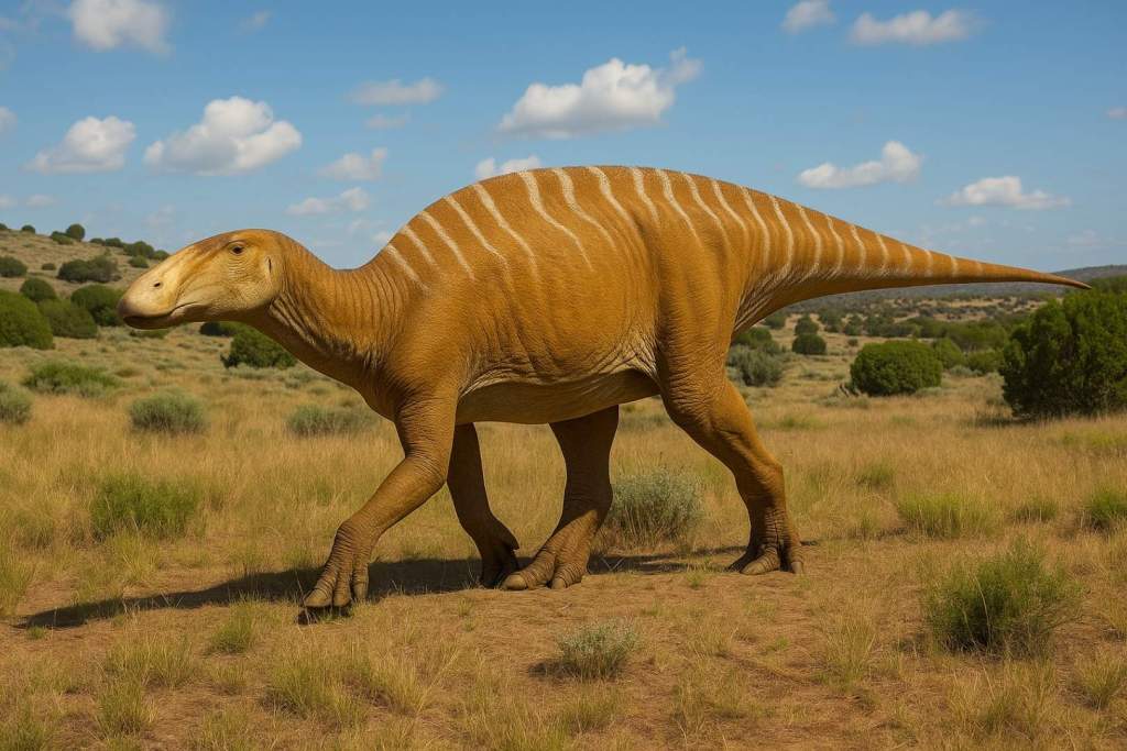 Recreación en vida de Ahshislesaurus wimani, elaborada a partir del holotipo y comparaciones con especies emparentadas