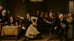 Recreación artística realista de un juicio por brujería en el siglo XVII