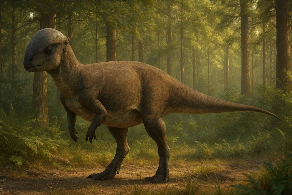 Recreación artística basada en restos fósiles revela el aspecto probable de esta enigmática especie con cúpula craneal