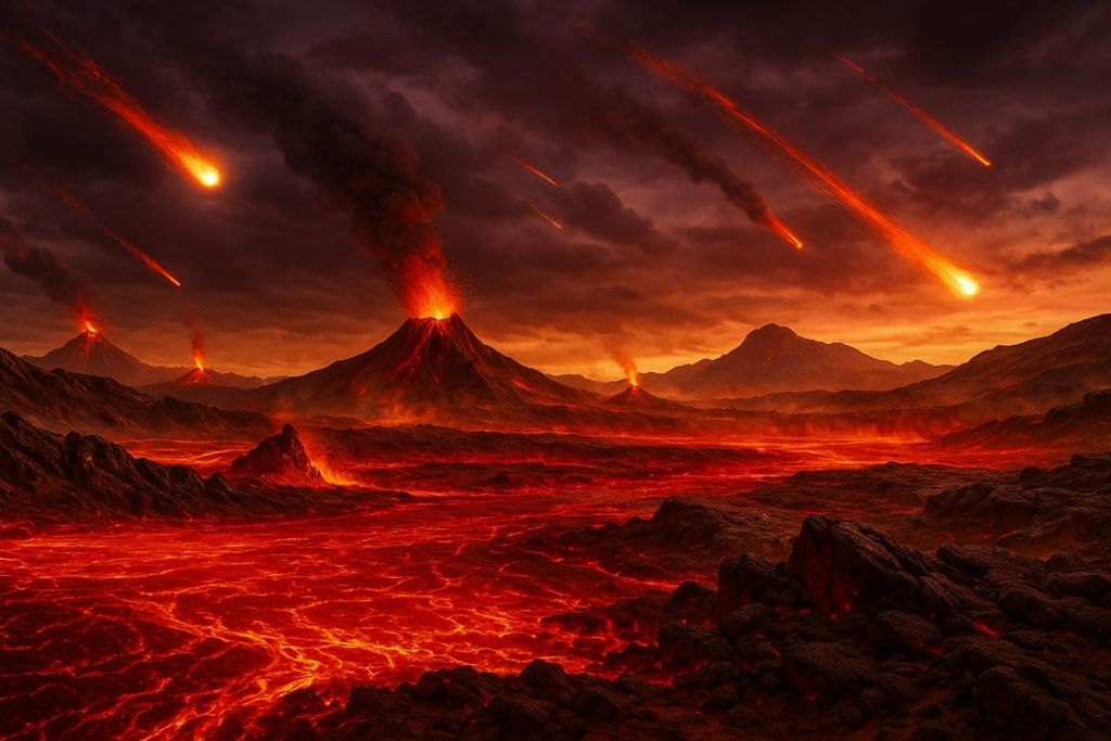 Recreación artística del paisaje terrestre durante la era Hadeica, hace 4.500 millones de años