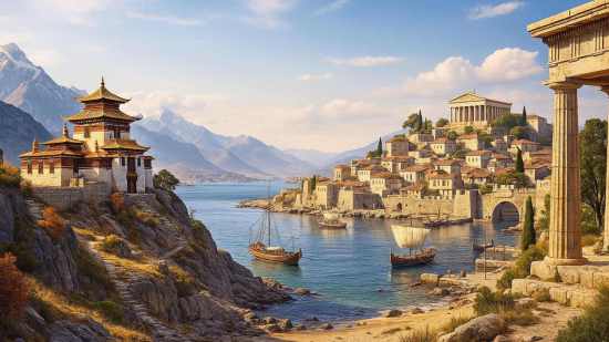 monasterio tibetano frente a un puerto griego clásico, dos mundos separados por la geografía pero unidos por la búsqueda del sentido