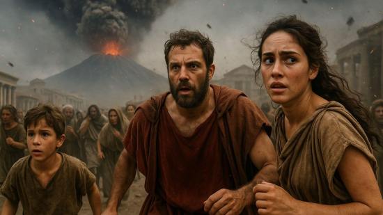 Recreación artística generada digitalmente para ilustrar la huida de los habitantes de Pompeya en el año 79 d.C.