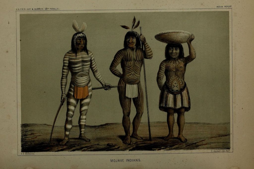 Indígenas mojave retratados en 1855, con distintivas marcas corporales visibles sobre la piel