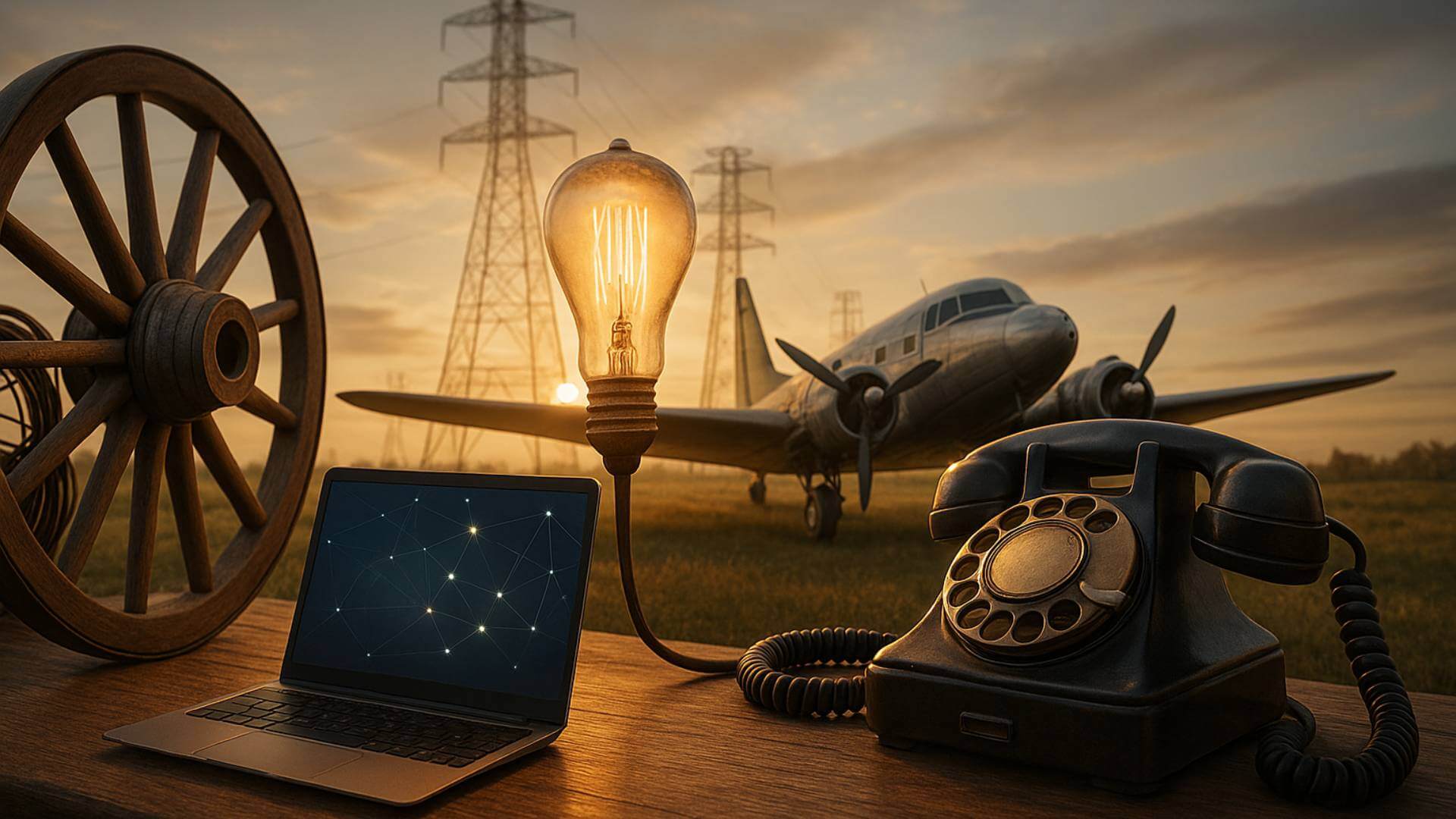 Composición de inventos icónicos: una rueda de madera, una bombilla encendida, un teléfono antiguo, un avión clásico y un ordenador portátil moderno, iluminados por la luz cálida del atardecer, simbolizando la evolución tecnológica a lo largo de la historia.