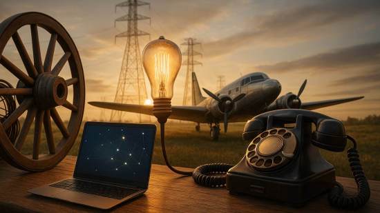 Composición de inventos icónicos: una rueda de madera, una bombilla encendida, un teléfono antiguo, un avión clásico y un ordenador portátil moderno, iluminados por la luz cálida del atardecer, simbolizando la evolución tecnológica a lo largo de la historia.
