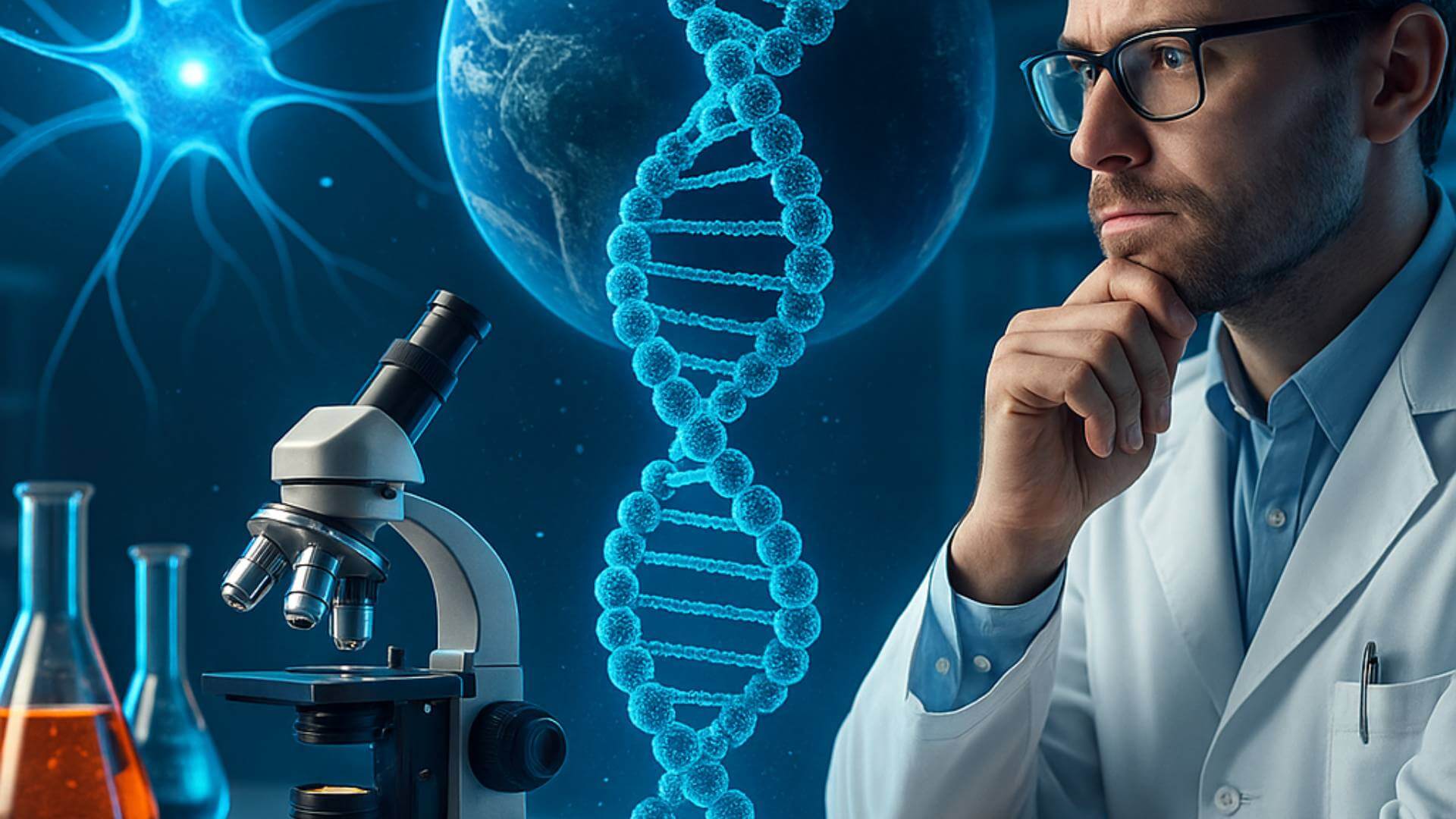 Laboratorio moderno con un científico observando un modelo luminoso de ADN, rodeado de instrumentos de investigación y una atmósfera azulada que simboliza la búsqueda humana por comprender el universo.