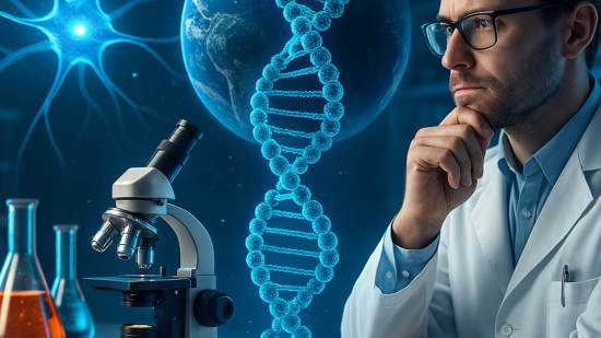 Laboratorio moderno con un científico observando un modelo luminoso de ADN, rodeado de instrumentos de investigación y una atmósfera azulada que simboliza la búsqueda humana por comprender el universo.