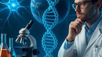 Laboratorio moderno con un científico observando un modelo luminoso de ADN, rodeado de instrumentos de investigación y una atmósfera azulada que simboliza la búsqueda humana por comprender el universo.