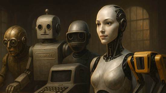Evolución de la robótica: un autómata antiguo de metal, un robot industrial clásico tipo Unimate, y un androide moderno con rasgos humanos y brazo articulado, todos alineados bajo una luz cálida que resalta el contraste entre la mecánica antigua y la tecnología contemporánea.