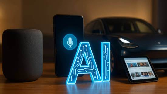 Imagen panorámica realista que muestra un entorno moderno con dispositivos inteligentes —un altavoz, un smartphone, una tableta y un coche eléctrico— sobre una mesa de madera iluminada por una luz cálida. En el centro destaca un símbolo azul brillante de “AI”, representando la integración de la inteligencia artificial en la vida diaria.