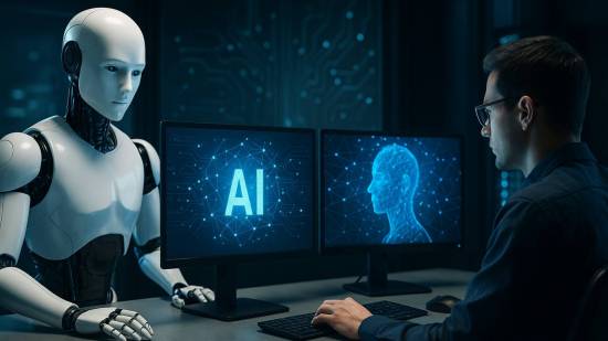 Imagen panorámica realista de un moderno estudio tecnológico al atardecer, con un escritorio de madera donde descansan varios dispositivos Apple —un ordenador iMac, un iPhone y un MacBook— iluminados por la luz cálida de una ventana. Al fondo, un ambiente minimalista con tonos metálicos y detalles de diseño que evocan innovación y elegancia tecnológica.