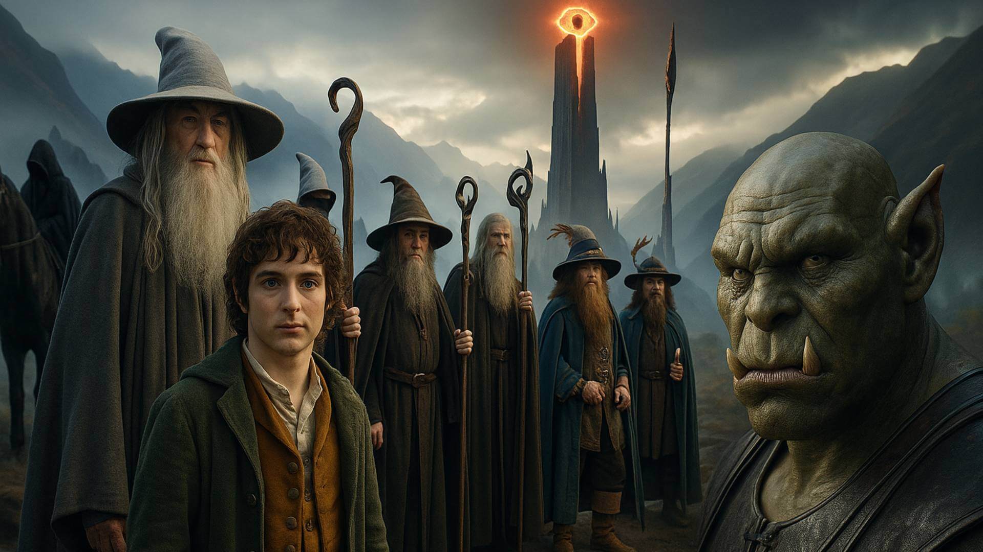 Escena panorámica y realista inspirada en El Señor de los Anillos, con un grupo de magos y un hobbit al frente, un orco en primer plano y al fondo la torre de Barad-dûr coronada por el Ojo de Sauron, entre montañas y niebla al amanecer.