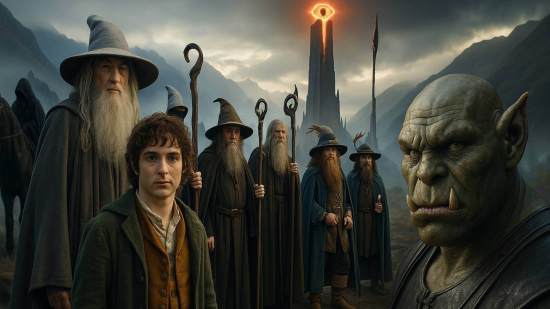 Escena panorámica y realista inspirada en El Señor de los Anillos, con un grupo de magos y un hobbit al frente, un orco en primer plano y al fondo la torre de Barad-dûr coronada por el Ojo de Sauron, entre montañas y niebla al amanecer.