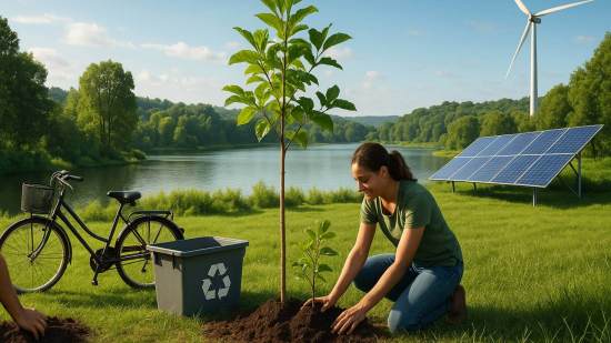 Una mujer planta un árbol junto a un lago rodeado de naturaleza verde, con una bicicleta, un contenedor de reciclaje, paneles solares y un aerogenerador al fondo bajo un cielo azul. La escena simboliza la sostenibilidad, el cuidado del medio ambiente y el uso de energías limpias.