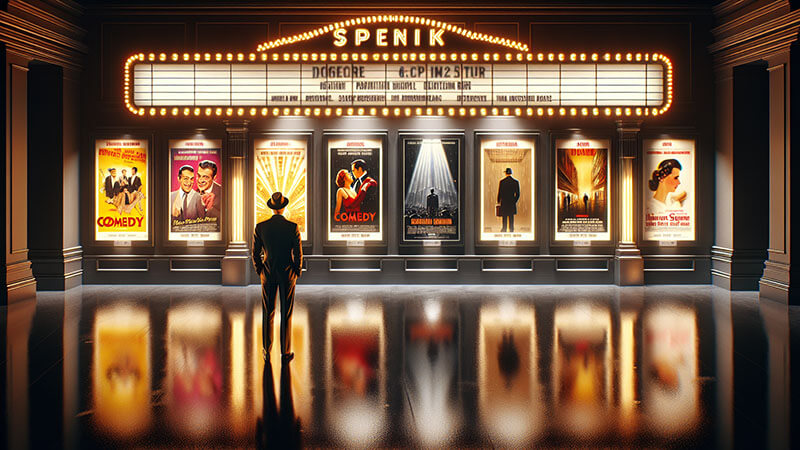 Hombre de espaldas con traje y sombrero mirando una marquesina de cine iluminada y carteles de películas retro, sugiriendo los géneros y la atmósfera de la época dorada de Hollywood.