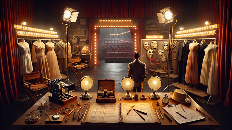 Un hombre de espaldas de pie mirando un escenario con asientos, en un área llena de maniquíes con vestidos de noche, disfraces, máscaras y una mesa con luces de estudio, un cuaderno de anotaciones y equipos vintage.