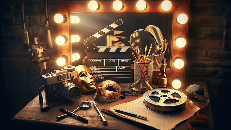 Bodegón de objetos de cine y teatro sobre una mesa: una claqueta, una cámara de fotos vintage, carretes de película, máscaras de teatro, y un espejo de tocador iluminado, representando la creatividad y el arte de la actuación.