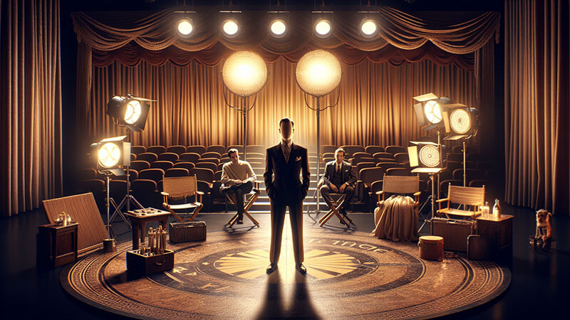 Hombre con traje de época, de pie y en contraluz en el centro de un escenario circular, con focos intensos y dos personas sentadas en sillas de director al fondo, transmitiendo calma y firmeza profesional.