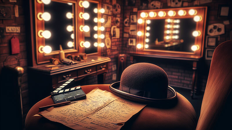 Un sombrero bombín, una claqueta en miniatura y un guion manuscrito sobre una silla o mesa en un camerino con espejos iluminados, simbolizando el trabajo de preparación y la esencia de un actor de comedia.