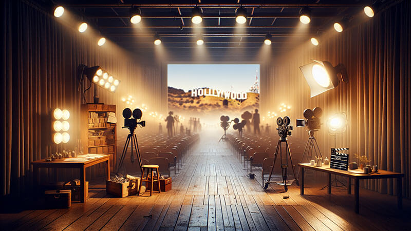 Un escenario oscuro con hileras de sillas vacías, rodeado de grandes focos y cámaras de cine antiguas en trípodes, con la famosa señal de Hollywood proyectada en una pantalla grande, representando el entorno de un plató.