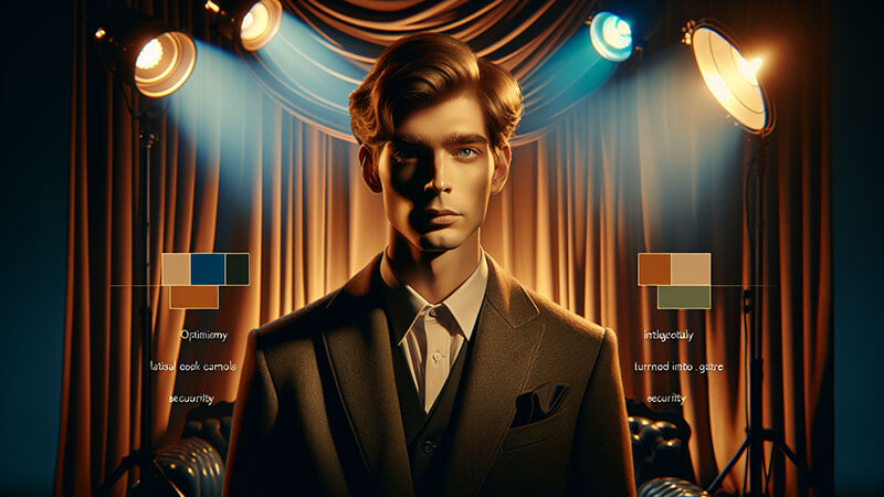 Primer plano de un hombre con traje de época, con peinado clásico, iluminado por focos de estudio, con gráficos abstractos a los lados que sugieren el análisis de sus emociones o su personalidad en pantalla.