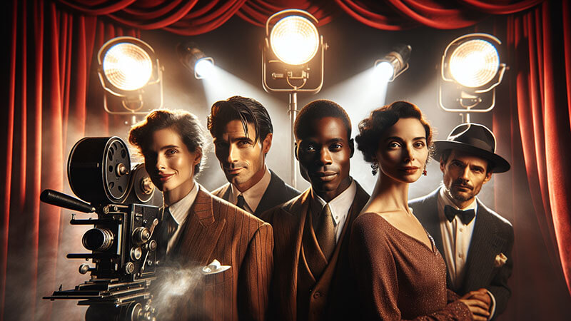 Grupo de actores y actrices con vestimenta de la época dorada, mirando directamente a la cámara de cine antigua que está en primer plano, con un fondo de telón rojo y focos, transmitiendo pasión e intensidad.