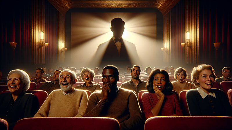 Un grupo diverso de espectadores con expresiones de risa, sorpresa o asombro en un cine antiguo de asientos rojos, con la imagen de una silueta en la pantalla brillando con luz intensa, representando la capacidad de reír y emocionarse.