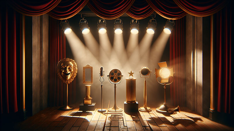 Un conjunto de elementos simbólicos sobre un escenario de madera: una máscara de comedia dorada, trofeos de cine (estrella, carrete), un micrófono y focos, representando el legado de las artes.