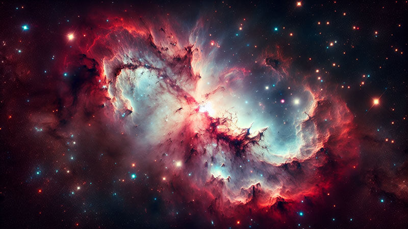 Impresionante imagen de una nebulosa de gas y polvo en el espacio profundo con colores brillantes, representando el universo y el hidrógeno.