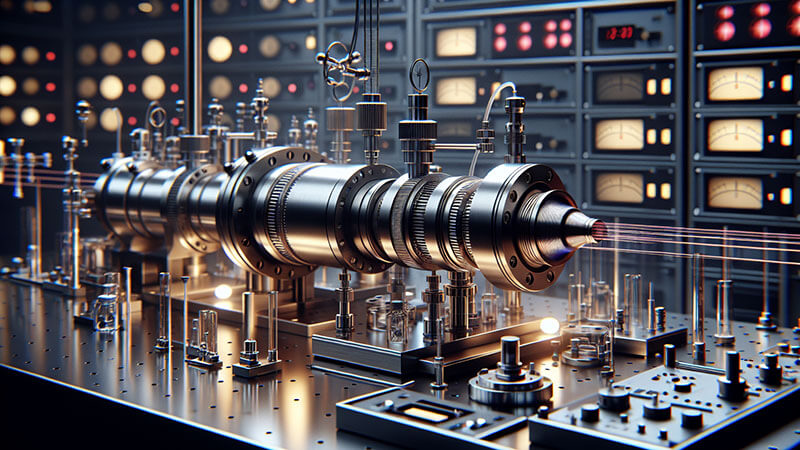 Un complejo montaje de laboratorio con instrumentos y tubos metálicos por donde pasan haces de luz, representando la física de la luz.