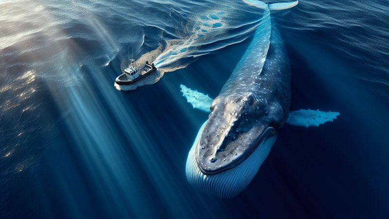 Una ballena azul nada majestuosamente bajo la superficie del mar, con un barco de investigación visible en la superficie. Rayos de luz solar penetran las profundidades.