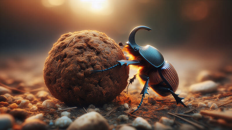 Un escarabajo pelotero, con un gran cuerno, empuja una bola de estiércol mucho más grande que él a lo largo de un suelo pedregoso al atardecer.