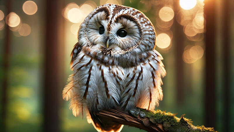 Un búho de aspecto tierno se posa en una rama musgosa en un bosque. El fondo presenta un efecto bokeh con destellos de luz que se filtran a través de los árboles.