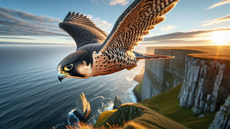 Un halcón peregrino con plumaje marrón y blanco vuela en picado, con una vista espectacular de escarpados acantilados costeros y el mar al amanecer o atardecer.