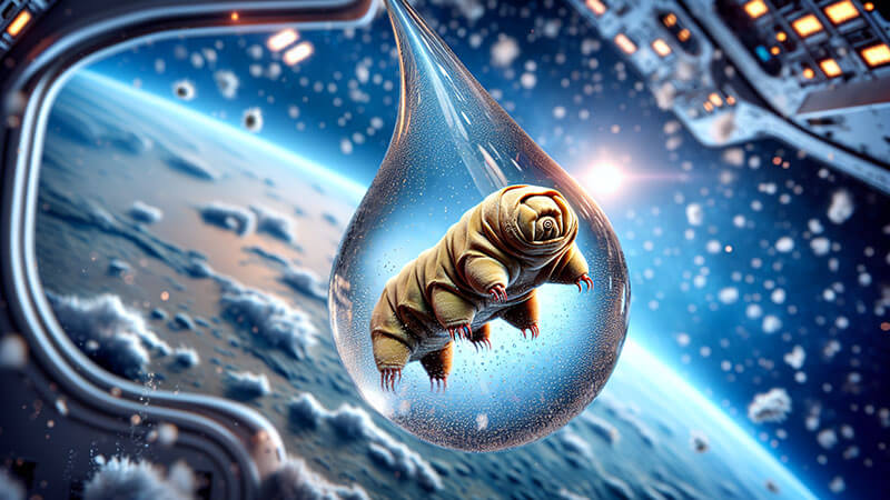 Un microscópico tardígrado, conocido como "oso de agua", flota dentro de una gota de agua en el espacio, con el planeta Tierra visible a través de un ojo de buey de una nave espacial.