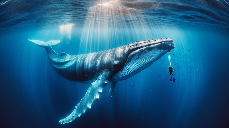 Un buceador de traje de neopreno nada junto a una ballena azul masiva bajo el agua, en una toma que subraya la escala inmensa del cetáceo.