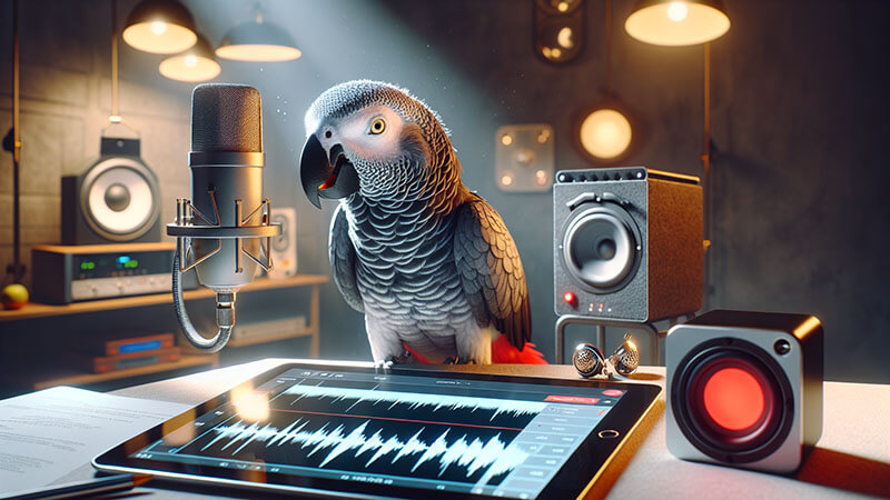 Un loro gris africano se posa sobre una mesa de estudio de grabación, cerca de un micrófono profesional, un altavoz y una tableta que muestra una onda de sonido