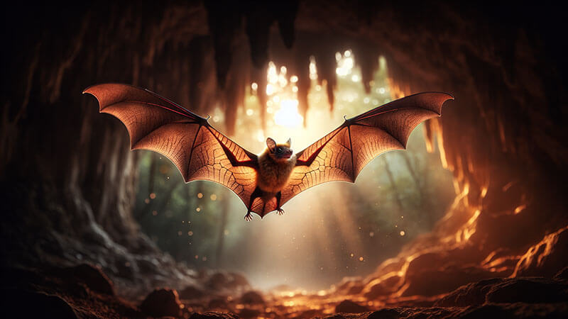 Un murciélago con las alas extendidas vuela activamente en la penumbra de una cueva, con la luz filtrándose por la entrada, iluminando la escena y la red venosa de sus alas.