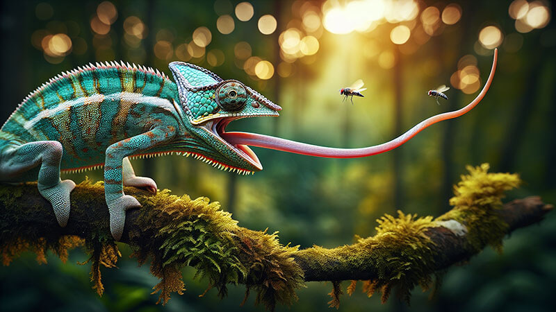 Un camaleón de colores vibrantes está posado sobre una rama cubierta de musgo, disparando su lengua larga y rosada para atrapar una mosca en el aire, con un fondo de selva difuminado.