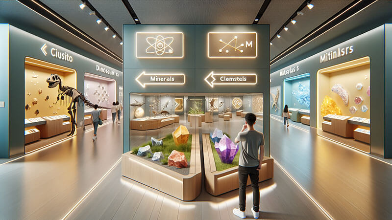 Interior de un museo moderno con exhibiciones sobre fósiles (esqueleto de dinosaurio), minerales y química, con flechas que guían a los visitantes, representando los diferentes campos del conocimiento científico.