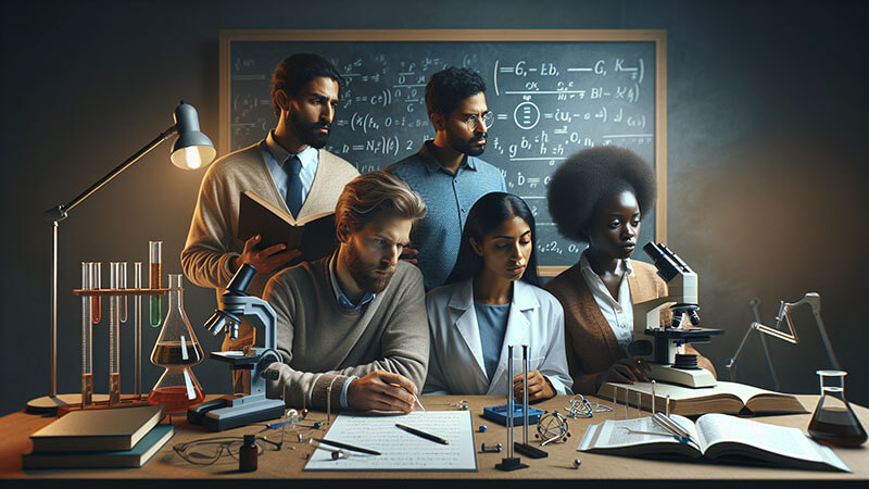Un equipo de cinco científicos reunidos alrededor de una mesa de laboratorio llena de equipo (microscopios, tubos de ensayo) y libros, con una pizarra llena de fórmulas científicas de fondo, simbolizando el asombro y el conocimiento compartido.