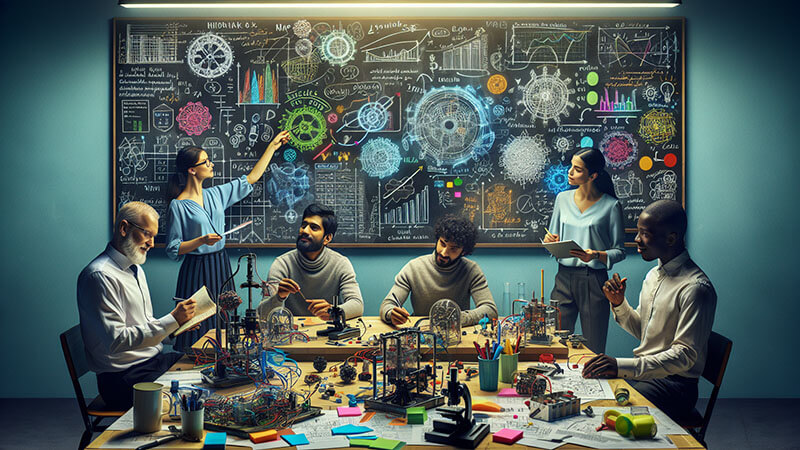 Un grupo de científicos y académicos alrededor de una mesa con planos, circuitos y modelos. Detrás, una pizarra llena de fórmulas matemáticas y dibujos complejos, simbolizando la búsqueda de soluciones creativas a problemas difíciles.