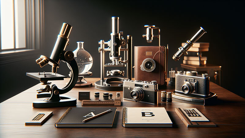 Bodegón sobre una mesa con un microscopio, un telescopio pequeño, cámaras fotográficas vintage, una probeta con líquido y cuadernos de notas, que representan las herramientas para la observación minuciosa y el registro.