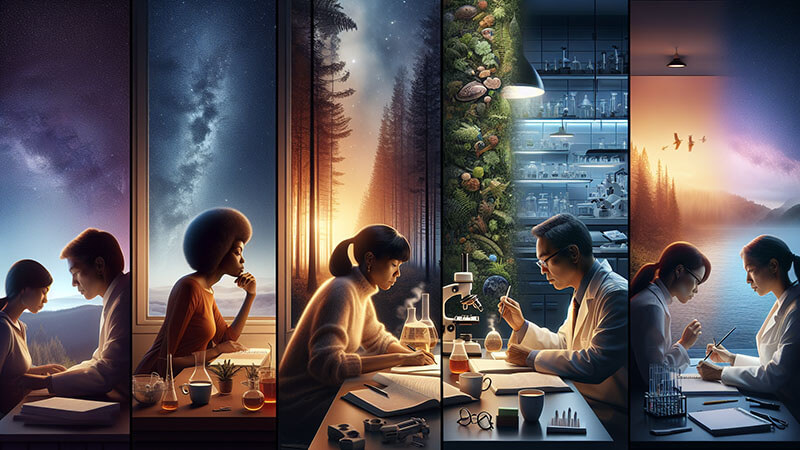 Panel dividido en escenas: personas estudiando bajo un cielo estrellado, en un bosque, en un laboratorio con plantas, y junto a un lago al amanecer, ilustrando diferentes entornos ideales para el pensamiento.
