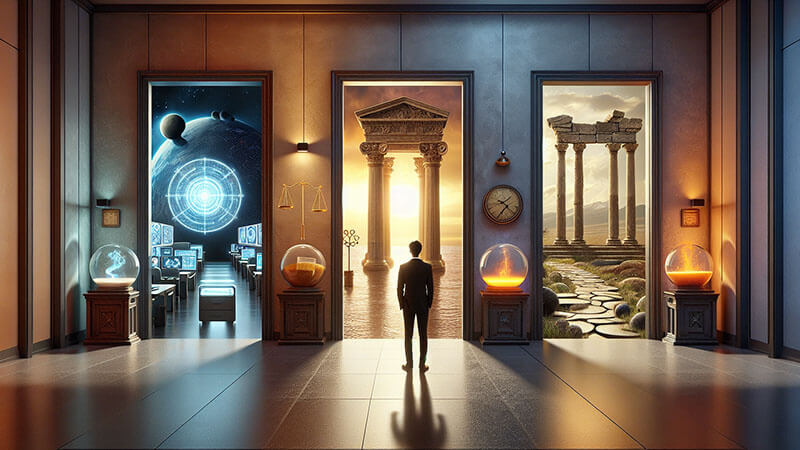 Un hombre de espaldas de pie en un vestíbulo, mirando tres puertas que conducen a realidades distintas: tecnología futurista (planetas y datos), historia antigua (columnas griegas) y naturaleza (ruinas en un paisaje rocoso).