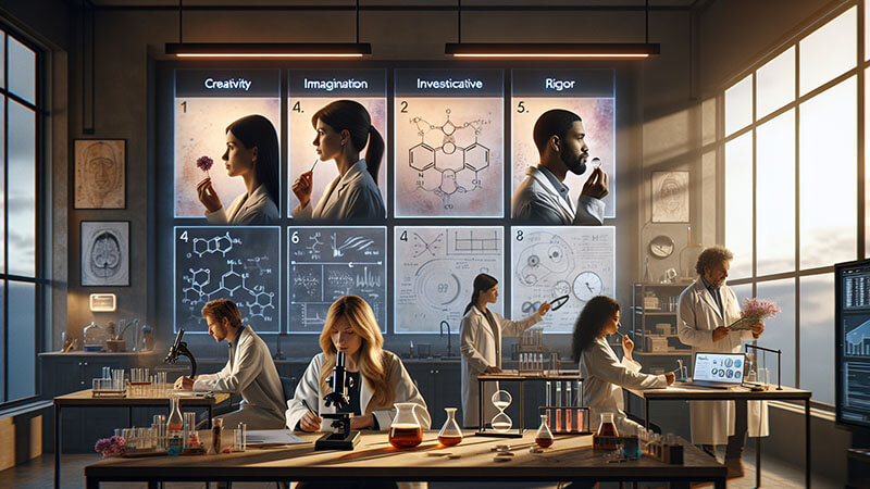 Varios científicos en un laboratorio moderno realizando experimentos (microscopio, probetas, flores), con carteles conceptuales en la pared que indican: Creatividad, Imaginación, Investigación y Rigor.