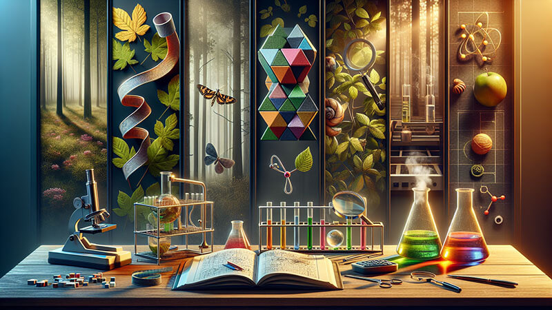Un escritorio con matraces, microscopio, libros y tubos de ensayo, enmarcado por paneles verticales que muestran imágenes de bosques, hojas, insectos, y fórmulas químicas, ilustrando la observación y experimentación de la naturaleza.